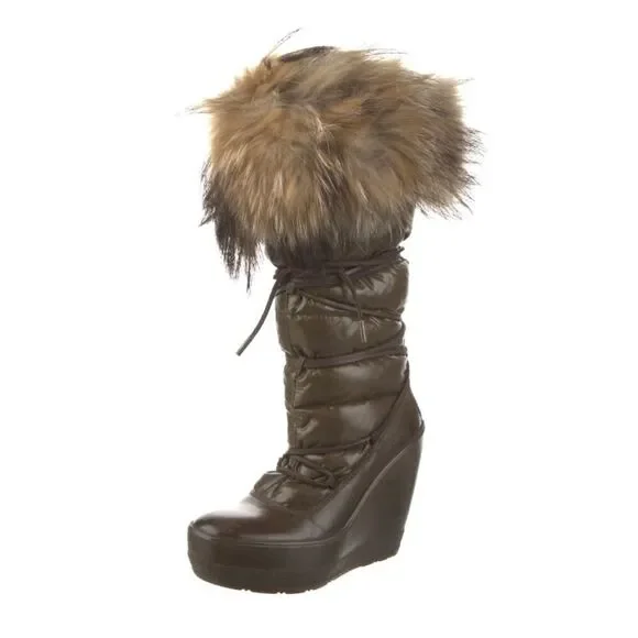 Moncler Nylon Fur Trim Lace-Up Boots - size 6 | US6, IT36 - Mocha Brown - Picture 1 of 13